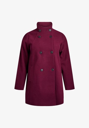 Burgundowa wełniana płaszcz z wysokim kołnierzem, dwurzędowym zapięciem na guziki, rękawami raglanowymi i kieszeniami bocznymi. Gładka faktura i dopasowany krój.