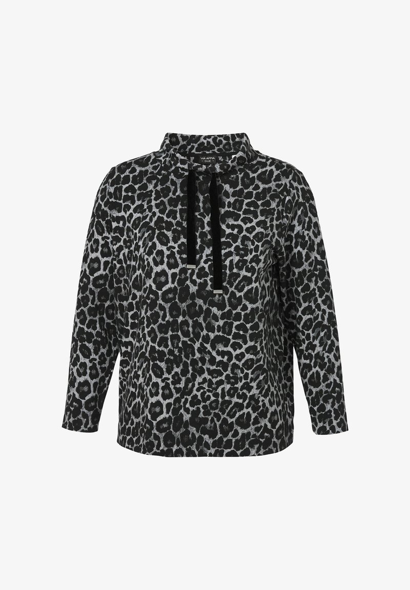 Zwarte en grijze luipaardprint trui met een relaxte pasvorm, kraag en twee zwarte trekkoorden bij de hals. Gemaakt van zacht materiaal.