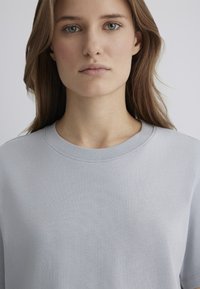 Light gray sweatshirt with a round neck; made of soft cotton; features long sleeves and simple, clean lines without patterns or accents.