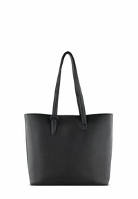 Borsa tote in pelle nera con due manici lunghi, una texture liscia e un design minimalista. Presenta un dettaglio a fibbia su un manico.