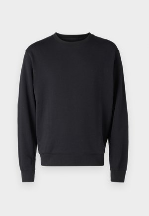 Sudadera negra de mezcla de algodón con cuello redondo, mangas largas y puños y dobladillo acanalados. Textura suave, diseño minimalista.
