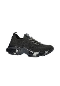 Chaussure de sport noire avec tige en tricot, ronds de strass décoratifs, lacets élastiques et semelle noire brillante. Inclut une languette au talon.