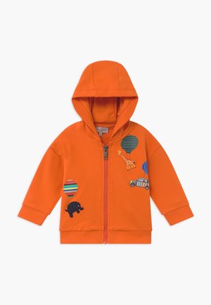 Sweat à capuche orange pour enfants avec fermeture éclair, illustré de montgolfières colorées, d'une girafe, d'un éléphant et d'une voiture sur le devant.