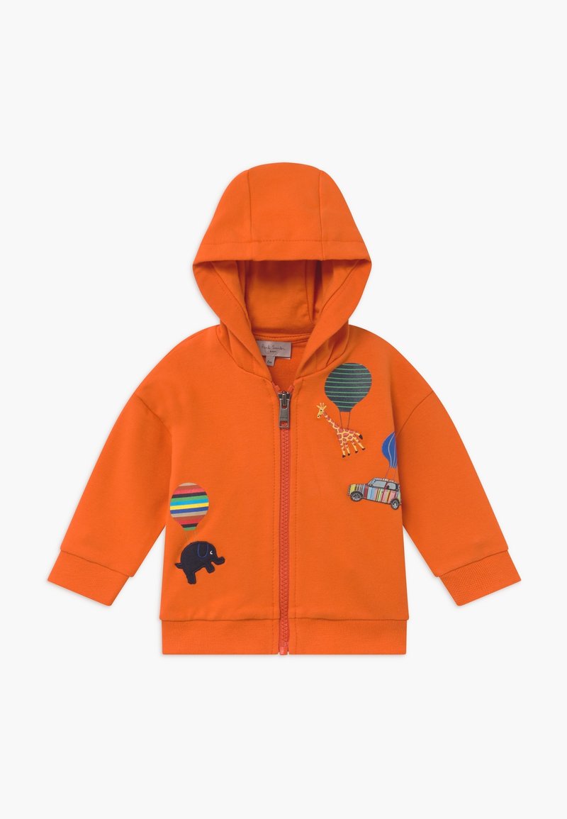 Sweat à capuche orange pour enfants avec fermeture éclair, illustré de montgolfières colorées, d'une girafe, d'un éléphant et d'une voiture sur le devant.