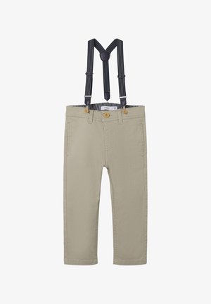 Pantaloni beige con bretelle regolabili a righe blu e bianche. Presentano due tasche frontali e due bottoni sulla vita.