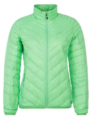 Veste matelassée vert clair avec surpiqûres en chevrons, fermeture éclair frontale, col montant et poches latérales zippées.