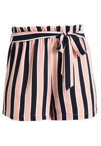 Randiga shorts med rosa, marinblå och vita färger, elastisk midja och en framknutningsdetalj. Lätt texturerad tyg.