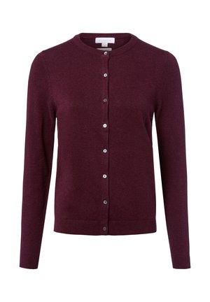 Bordeaux cardigan gemaakt van zacht breiwerk, met een ronde halslijn, lange mouwen en zes bijpassende knopen aan de voorkant.