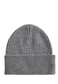 Szary, żebrowany dzianinowy beanie z podwiniętym mankietem, wykonany z miękkiej mieszanki wełny.