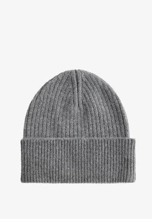 Beanie grigia a costine con risvolto, realizzata in un morbido tessuto misto lana.