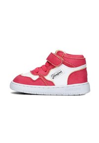 Roze en witte hoge sneakers van leer, met een klittenbandsluiting, veters, textuuraccenten en een rubberen zool met groeven.