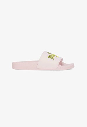 Infradito rosa con una fascia larga caratterizzata da un design grafico colorato. La suola è piatta e realizzata in materiale morbido e testurizzato per il comfort.