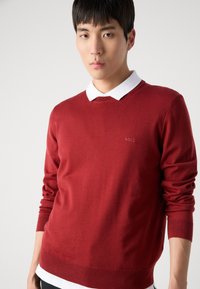 Pull rouge en tricot avec un col rond. Présente des poignets et un ourlet côtelés, superposé à une chemise blanche à col. Logo sur la poitrine.