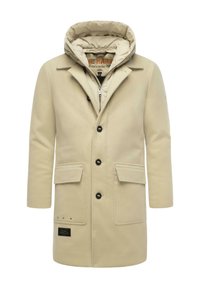 Beige gyapjú keverék kabát, cipzáros puffkápával, két elülső zsebbel és fekete gombokkal; tűzött bélés jellemzi.