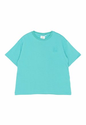 Turkusowa bawełniana koszulka z krótkim rękawem, okrągłym dekoltem i małym haftowanym logo po lewej stronie. Gładka faktura.