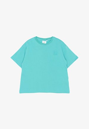 T-shirt en coton turquoise à manches courtes, avec un col rond et un petit logo brodé sur le côté gauche. Texture lisse.
