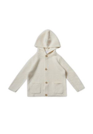 Crèmekleurige gebreide hoodie met lange mouwen, twee voorkeurszakken en houten knopen. Gestructureerde stof met een aangesloten capuchon.
