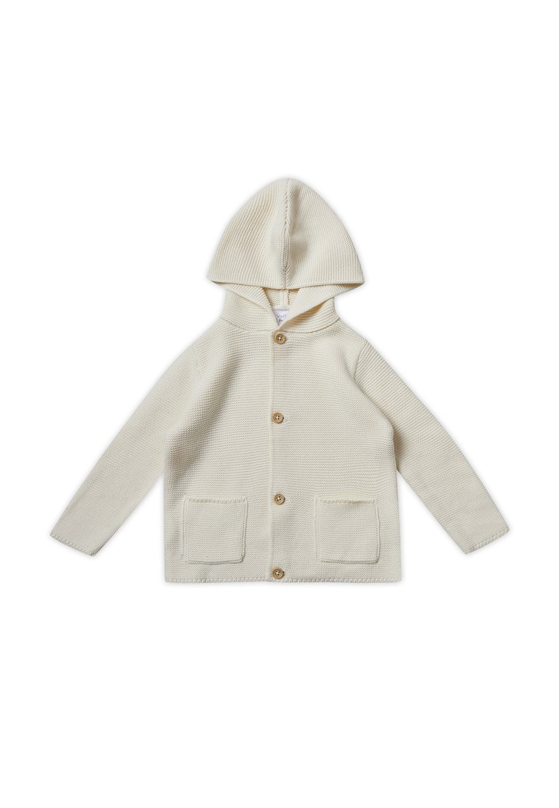 Sudadera de punto color crema con mangas largas, dos bolsillos frontales y botones de madera. Tela texturizada con una capucha ajustada.