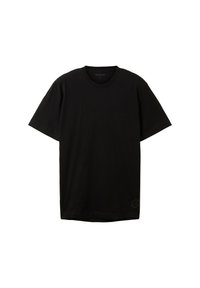 Black T-shirt made of soft cotton, featuring a crew neck, short sleeves, and a minimalist design with a small logo detail near the hem.