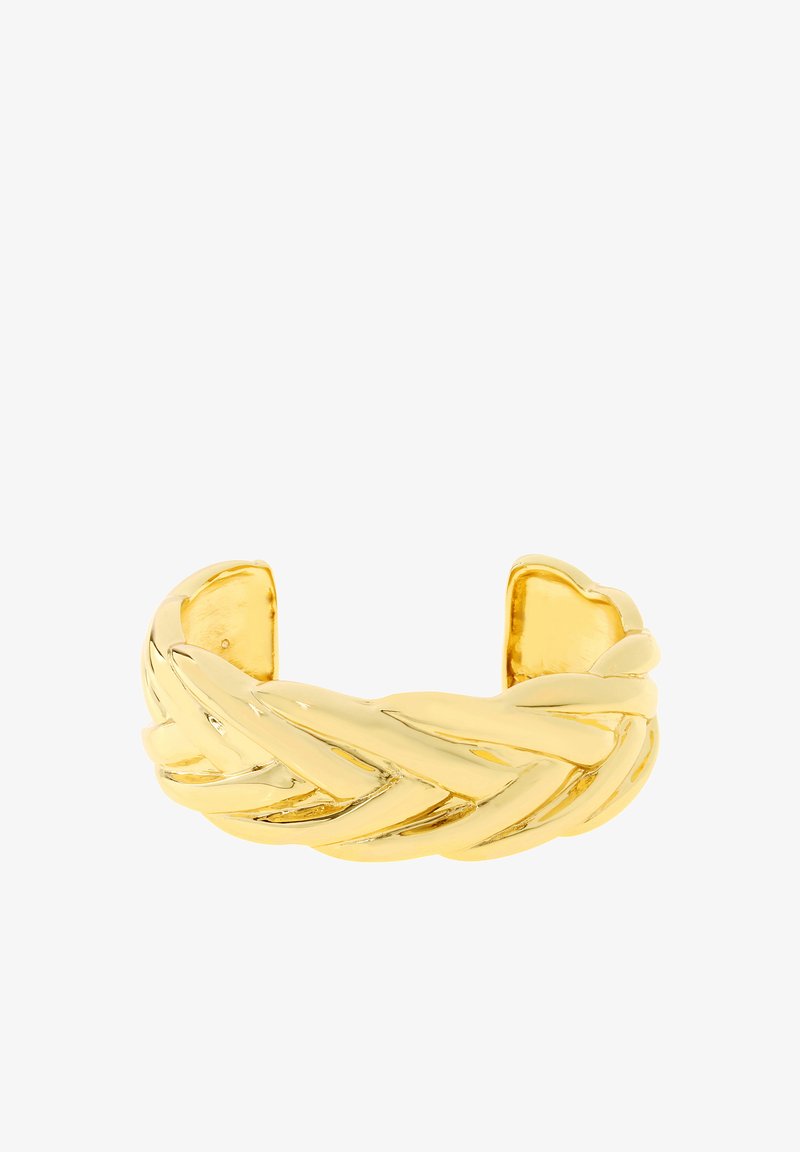 Gold-tone cuff bracelet featuring a braided design with smooth, sleek texture and open ends for adjustable fit.