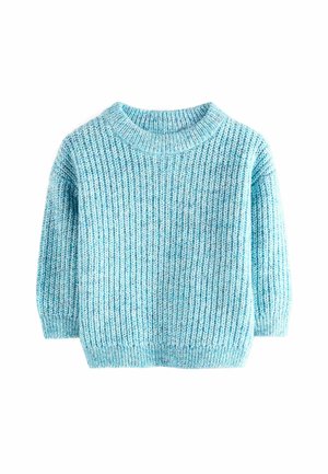 Pull en maille bleu clair avec une texture côtelée, décolleté rond et manches longues. Confectionné en fil doux, idéal pour un port décontracté.