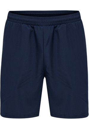 Mørkeblå træningsshorts lavet af let og åndbart materiale, med elastisk liv og sidelommer uden synlige mønstre.