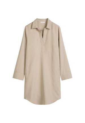 Beige Tunika-Kleid mit langen Ärmeln, Kragen und V-förmiger Knopfleiste, mit geradem Schnitt und abgesteppten Bündchen.