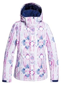 Bílá bunda s fialovým a modrým geometrickým vzorem, zip na přední straně, kapuce a dvě přední kapsy. Hladký povrch s kontrastní námořnickou podšívkou.