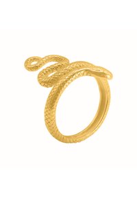 Goldener Schlangenring mit einer strukturierten Design mit Schuppen, der sich um den Ring schlingt und mit einem detaillierten Kopf an der Spitze abschließt.