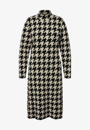 Sukienka z długim rękawem i wysokim kołnierzem, zdobiona czarno-beżowym wzorem w podpis, wykonana z miękkiego, teksturowanego dzianinowego materiału.
