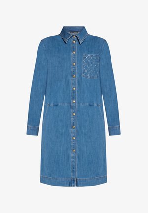 Blaues Jeanskleid mit langen Ärmeln, Knöpfen, Kragen, goldenen Knöpfen und einer Brusttasche mit einem Rautenmuster aus kleinen Nieten.