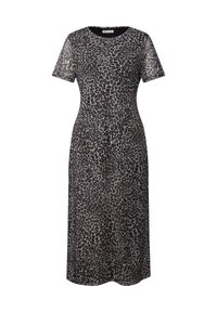 Leopard print dress in soft, stretchy fabric. Short sleeves, round neckline, knee-length, fitted silhouette with flowing bottom.