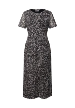 Abito con stampa leopardata in tessuto morbido e elasticizzato. Maniche corte, scollatura rotonda, lunghezza al ginocchio, silhouette aderente con fondo fluttuante.