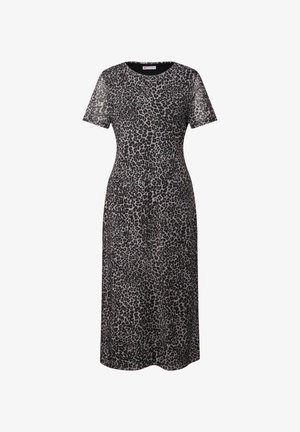 Leopardenmusterkleid aus weichem, dehnbarem Stoff. Kurze Ärmel, runder Halsausschnitt, knielang, figurbetonte Silhouette mit fließendem Saum.