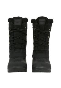 Černé zimní boty se syntetickým svrškem s měkkou, semišovou texturou, šněrováním vpředu, hebkým lemem a gumovou podrážkou s drážkovaným vzorem.