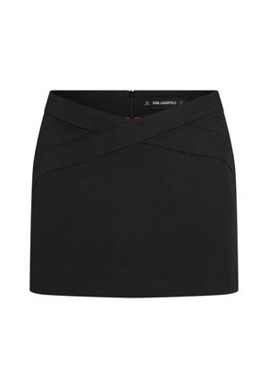 Μαύρη μίνι φούστα με ζώνη που διασταυρώνεται και εμφανές φερμουάρ στην πλάτη, με ετικέτα Karl Lagerfeld, απλό και προσαρμοσμένο στυλ.