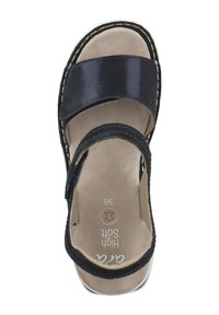 Modré sandály s textilním svrškem, nastavitelným páskem, strukturovanou stélkou a bílou gumovou podrážkou. Velikost 38 je označena na stélce.