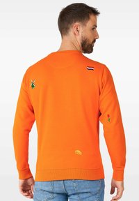 Oranžinė džemperis su apvalia iškirpte. Papuoštas siuvinėtomis nuotraukomis: vėjo malūnu, tulpėmis ir sūriu. Gofruoti rankogaliai ir apatinė dalis, minkšta medžiaga.