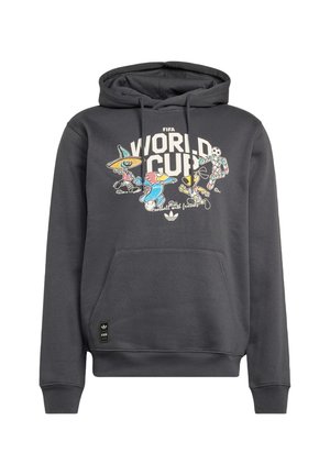 Felpa con cappuccio grigio scuro con scritta FIFA World Cup, colorati personaggi di calcio in stile cartone animato, tasca a marsupio frontale e cappuccio con coulisse.