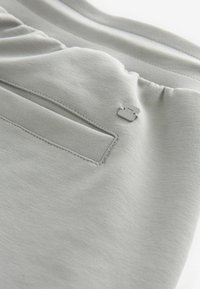 Pantalons de jogging gris clair en tissu doux, avec un design épuré, une taille élastique et un petit logo métallique sur la poche arrière.