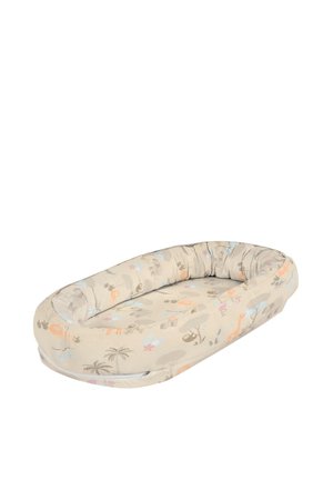 Oval beige infant lounger with raised padded edges and animal print including lions, giraffes, palm trees, and other safari motifs.