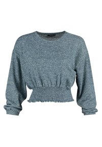 Szara krótka bluza z długimi rękawami, marszczoną gumką w talii i okrągłym dekoltem. Wykonana z miękkiego, fakturowanego materiału.