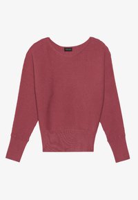 Burgunderfarget ribbestrikket genser med bred rund hals, lange ermer og cropped hem. Laget av strukturert strikket stoff.