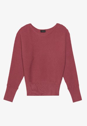 Burgunderfarget ribbestrikket genser med bred rund hals, lange ermer og cropped hem. Laget av strukturert strikket stoff.