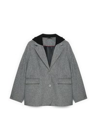 Blazer grigio intrecciato con collo a felpa nero, due tasche frontali, chiusura con un bottone e tessuto strutturato.