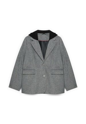 Grå vævet blazer med sort hættetrøje-krave, to forlommer, enkeltknaplukning og tekstureret stof.