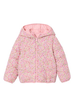Pink floral quilted hooded jacket with front zipper, designed for children, featuring small pink, purple, and green flower patterns.