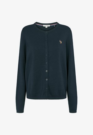 Námořnický modrý pletený kardigan s kulatým výstřihem, knoflíkovým zapínáním a malým vyšívaným logem na levé hrudi.