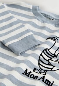 Striped long-sleeve sweatshirt in light blue and white with ribbed cuffs. Features an embroidered bird design and the text "Mon Ami" below.