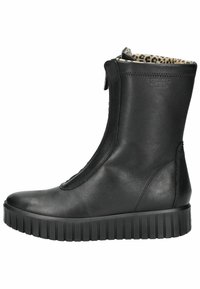 Black leather ankle boot with a side zip, featuring a textured black rubber sole and leopard-print interior lining.